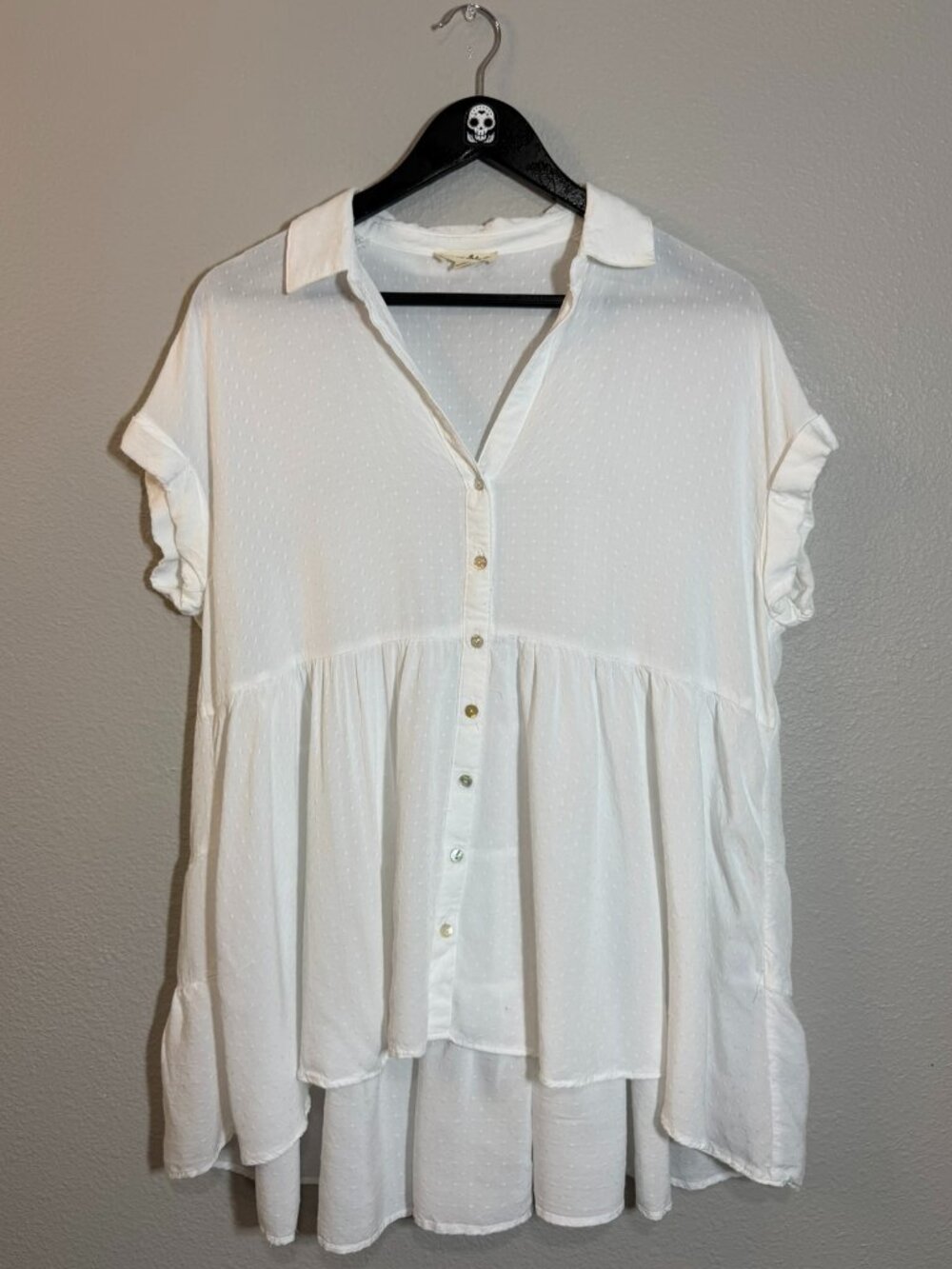 Jane White Swiss Dot Tiered Peplum Button Front Tunic Top Short Sleeve Womens L